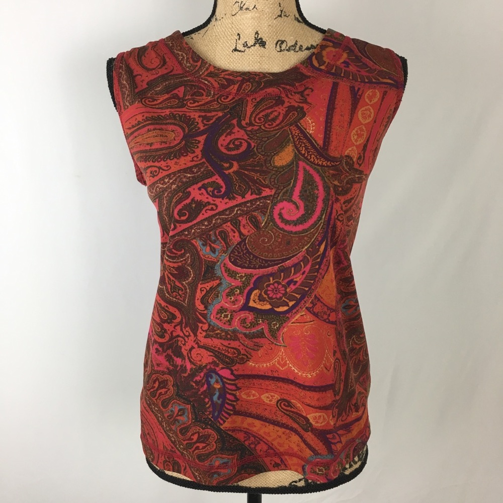 Chico’s Red Print Knit Sleeveless Top Sz L